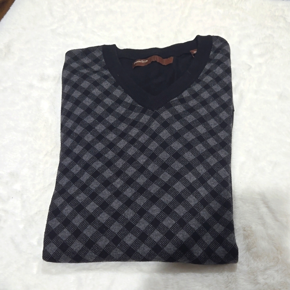 Perry Ellis V-neck men's long sleeve black and gray sweater NEW size L